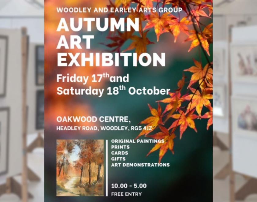 Woodley & Earley Autumn Art Exhibition poster with an image of red leaves on a tree against a green background