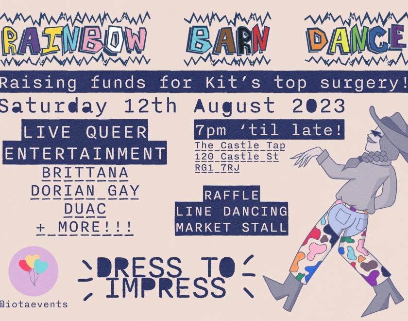 Poster with lots of text giving details of the event with a person bottom right with their hair in a plait wearing a cowboy hat, blue jeans, pointy cowboy boots and full chaps decorated with multi-coloured splodges.