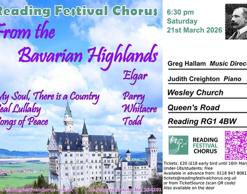 Poster in the style of a post card with an image of a Scottish Castle, and a picture of Elgar in place of a stamp