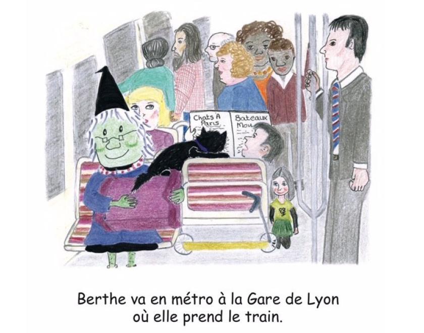 Picture from a Berthe the Witch book which has Berthe sitting on a crowded train and a caption in French