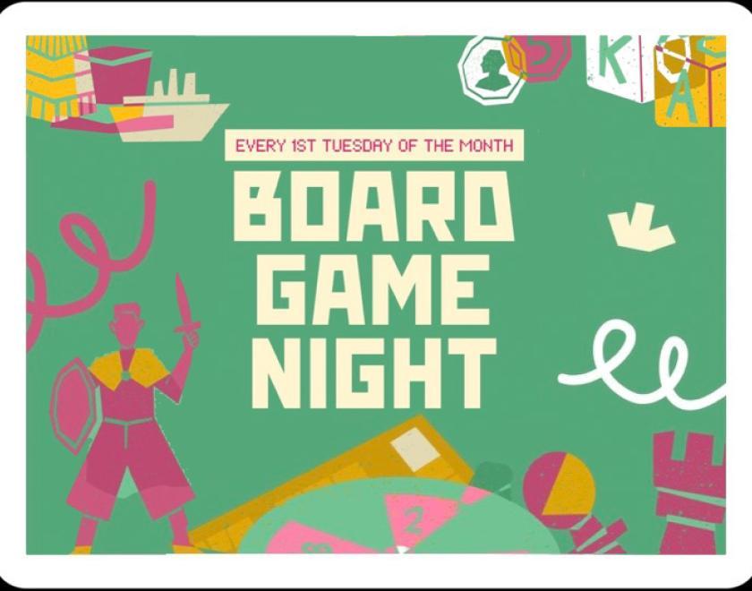 Poster with grasphic imagery of board game pieces, dice and the like