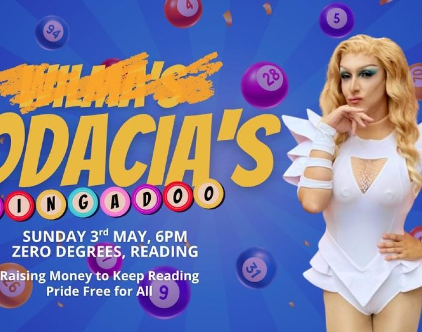 A drag queen and various bingo balls in the background