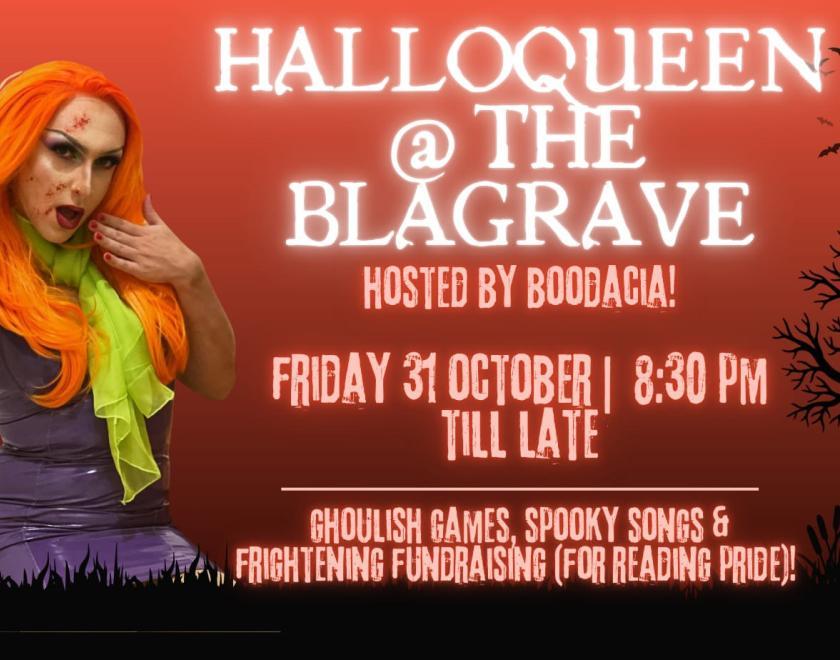 Drag queen dressed as Daphne from Scooby Doo against a Halloween background