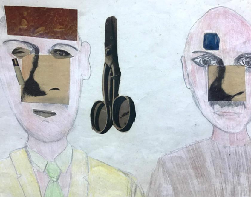 collage of two men's faces made from drawings and cut up photos