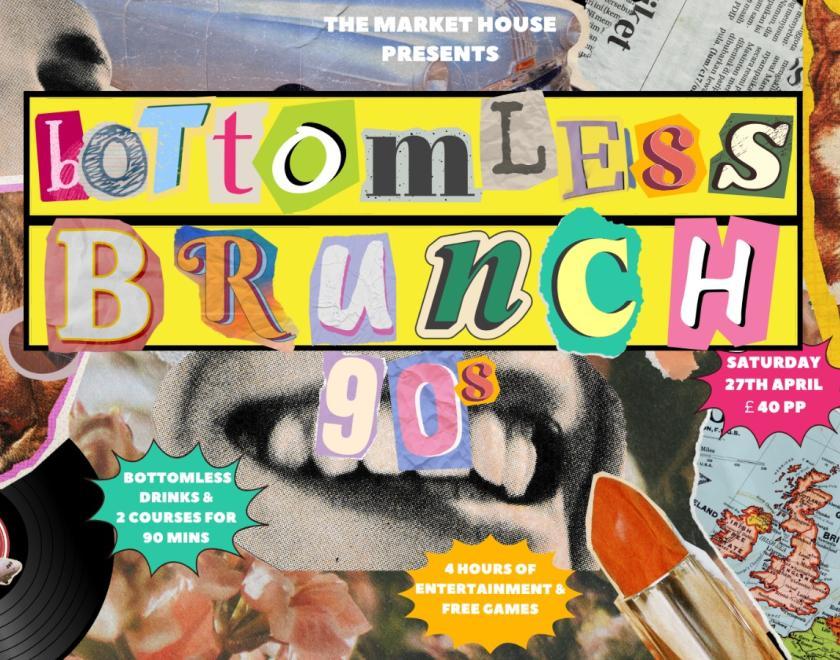 the words "Bottomless brunch 90's" surrounded by pictures such as dogs, cats, a map, a record and a plane