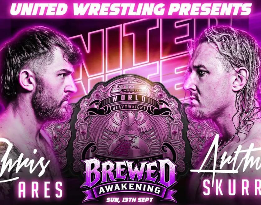 poster with two wrestlers - Chris Ares and Arthur Skurro - facing each other, with the title belt set between them