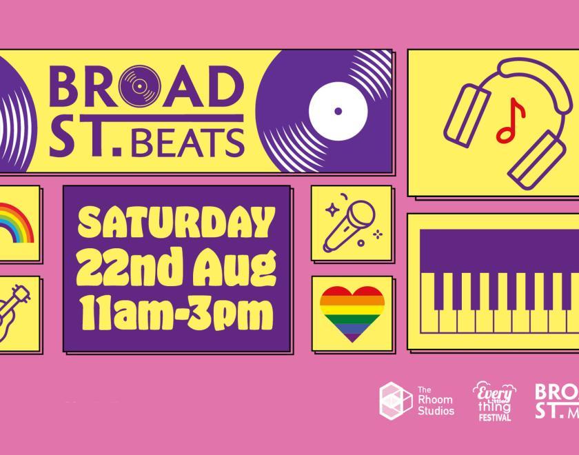 Broad Street Beats banner with multiple icons showing records, headphones, musical instruments and rainbows