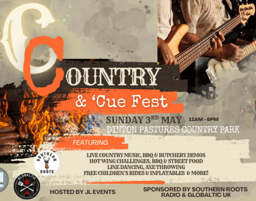 Poster for Country & ‘Cue Fest with images of musicians on stage and sausages on a barbecue