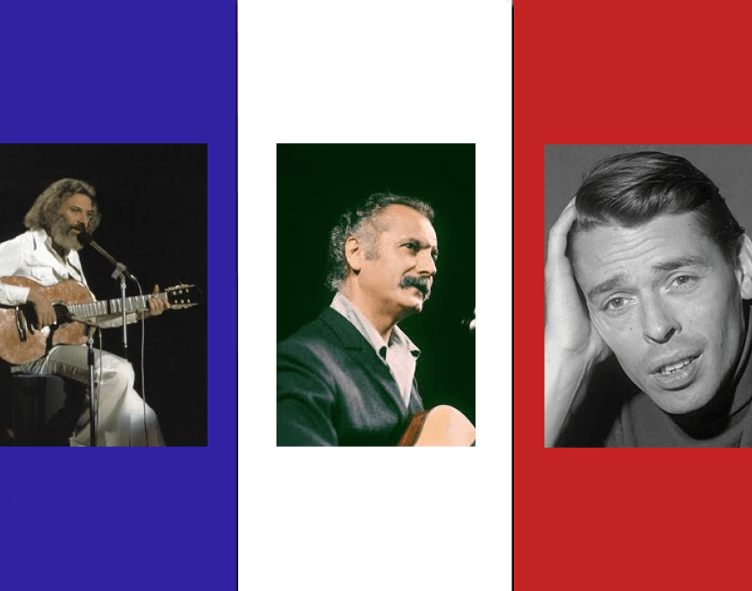Photos of singers Georges Moustaki, Georges Brassens and Jacques Brel over the French flag