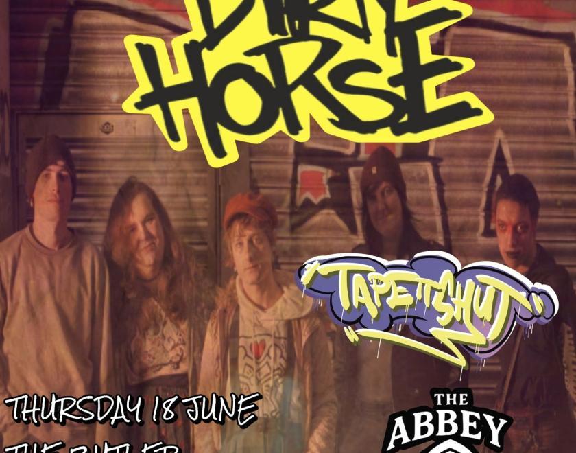 Photo of the ban Cheap Dirty Horse plus the logos of the bands performing