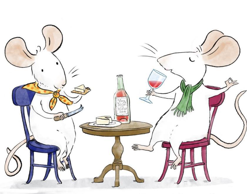 Two white fancy mice sit at a bistro table sipping wine and eating cheese