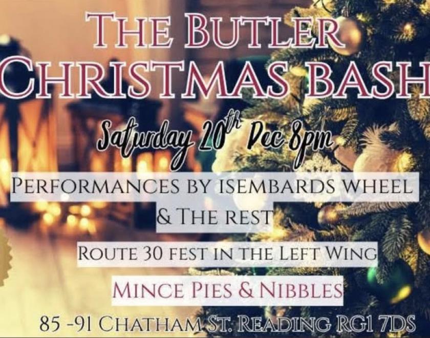 Poster for The Butler Christmas Bash with details of the event over a photo of a Christmas tree and lantern