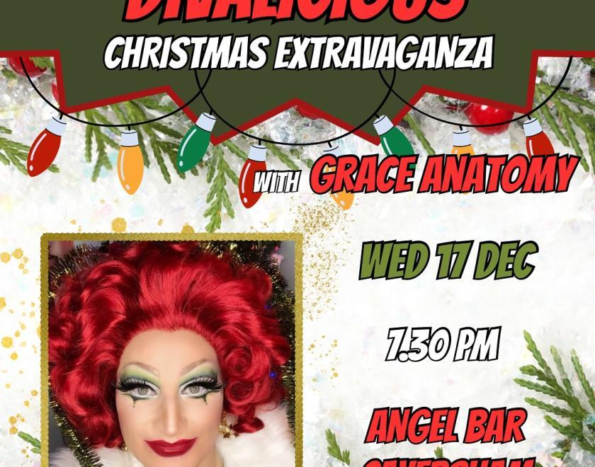 Poster for Divalicious Christmas Extravaganza with a photo of drag artiste Grace Anatomy in Christmas-themed make-up