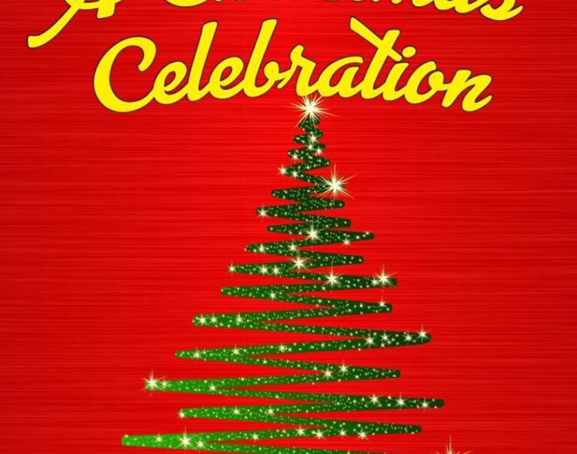 graphic of a green christmas tree against a red background