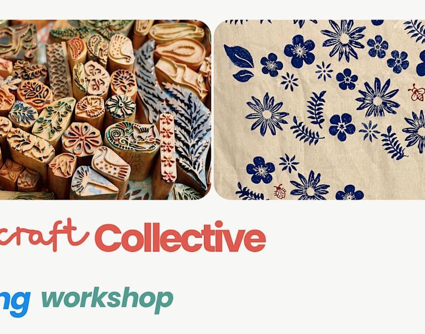 Event poster with two photos of block-printed textiles