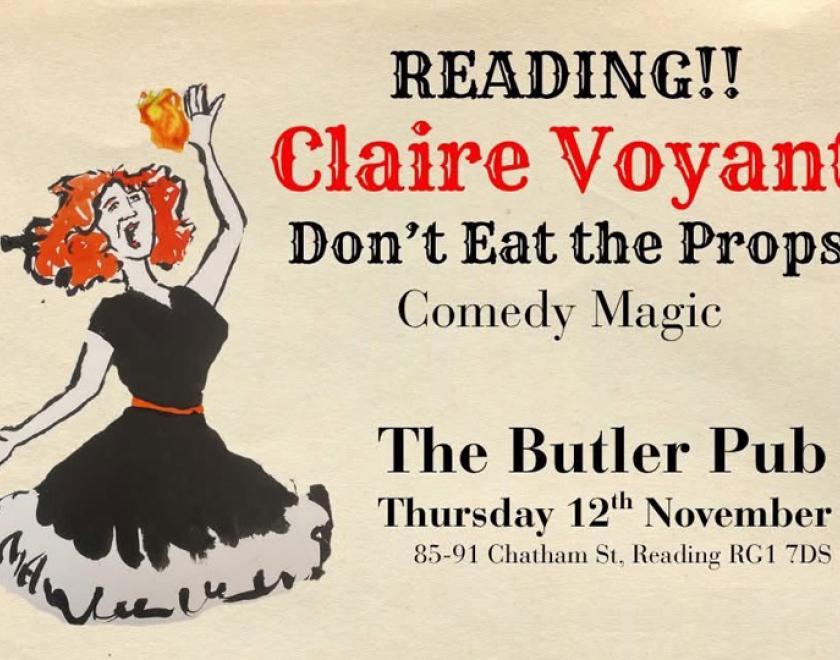 Poster with hand-drawn artwork of a woman with red hair and a black dress seemingly eating fire