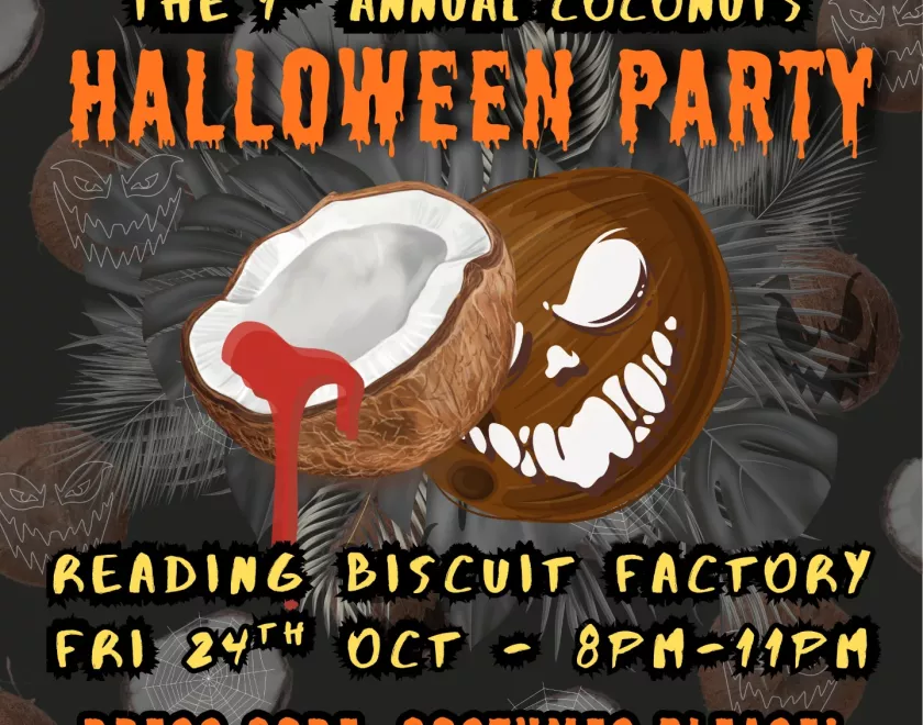 Poster for 1st Annual Coconuts Halloween Party with a coconut varved like a pumpkin