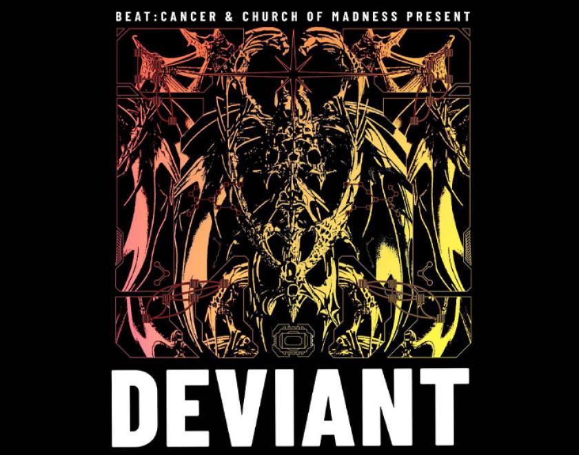 Poster with the logo for Deviant, a Lovecraftian image of monstrous bones