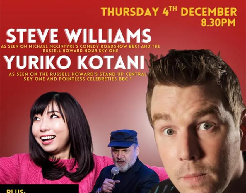 Poster for Comedy At The Butler with headshots of comedians Steve Williams and Yuriko Kotani