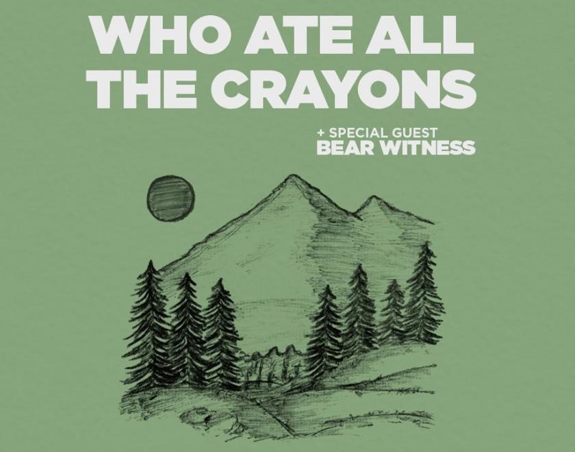 event poster with drawn arwork of evergreen trees and a mountain behind them