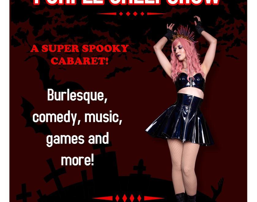 Poster featuring a burlesque performer in a black vinyl outfit