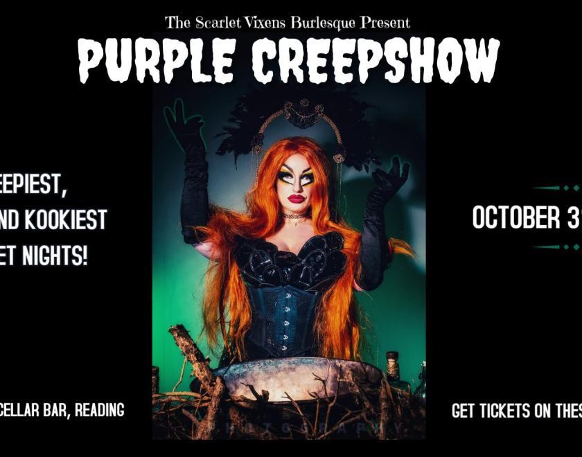 Event poster with an image of a burlesque performer in a witch-inspired outfit with elaborate make-up