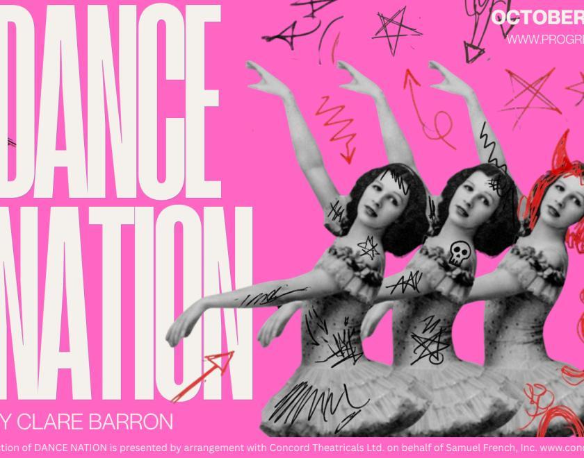 Event poster with monochrome photos of female dancers over a bright pink background