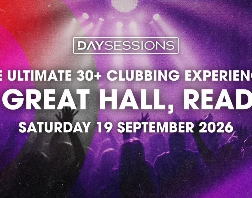 Pster with deatils of the event over a silhouetted image of people dancing