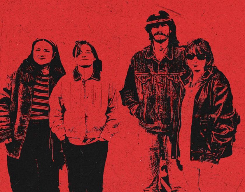 Red and black monochrome image of a band