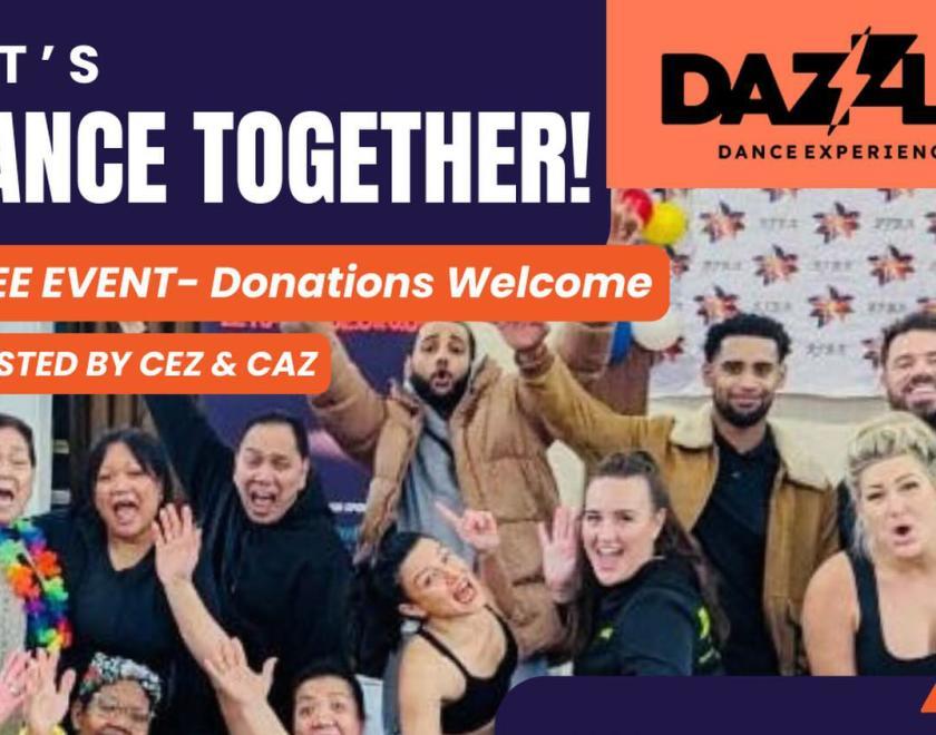 Even poster with a group of dance workshop attendees smiling at the camera and details of the event