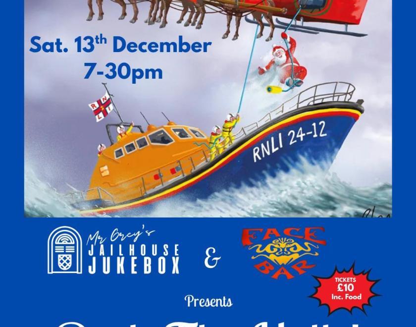 Santa and his sleigh flying over an RNLI lifeboat