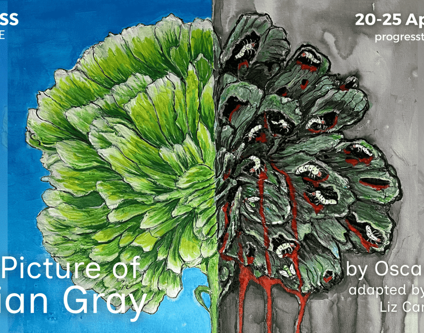 poster for the Picture of Dorian Gray with a tree spilt into two halves, one side green and ulsh, the other greying and decaying