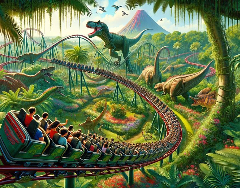 Dino Island artwork featuring a dinosaur theme park
