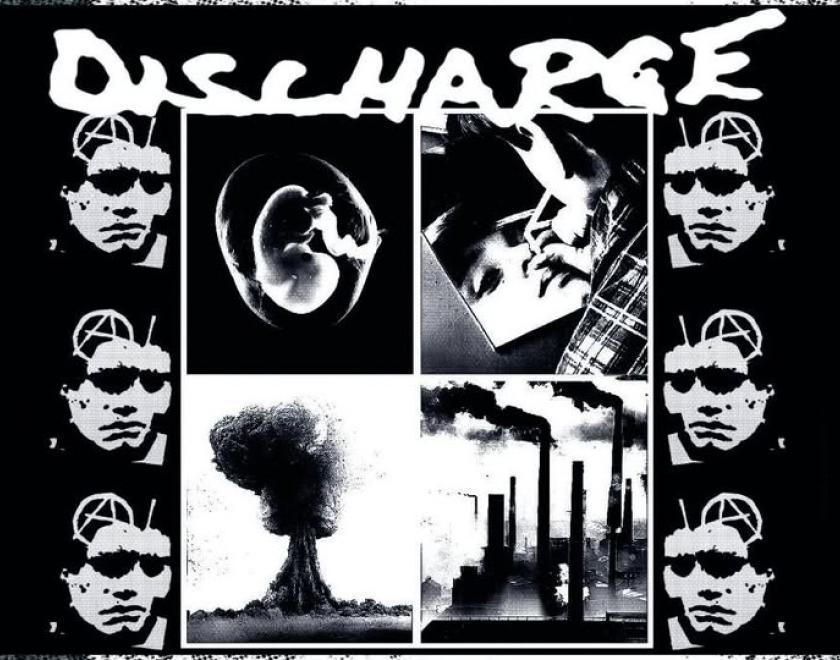 Poster for Discharge 2026 tour with the band logo and high-contrast monochrome images of factories