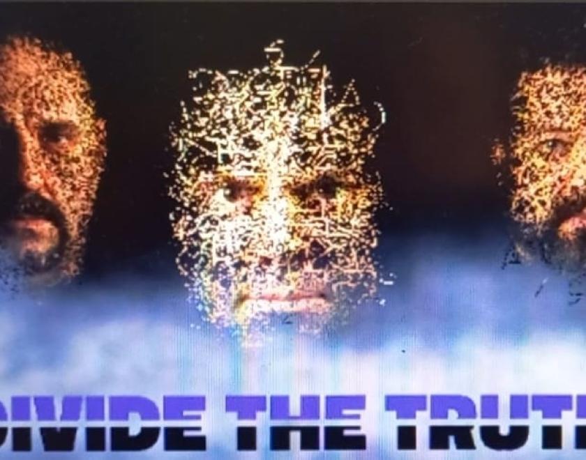Three heads floating above a cloud of smoke with the Divide the Truth logo in front
