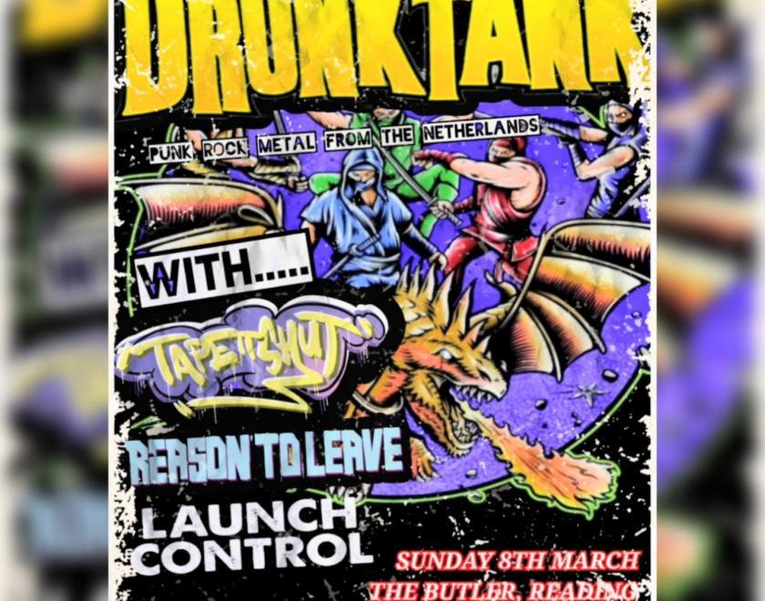 Poster for Shadow Promotions DIY presents: Drunk Tank with comic book style art of ninjas fighting a dragon