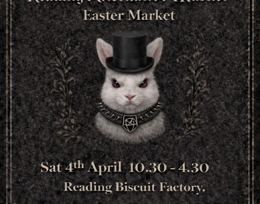 Poster for Reading Alternative Market at Reading Biscuit Factory featuring the RAM logo and AI art of a rabbit with a stud collar