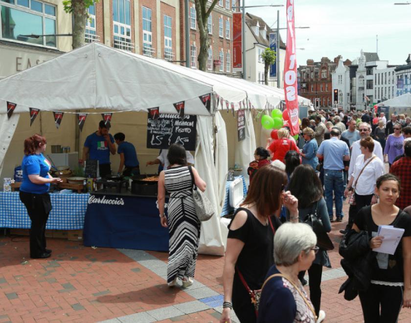 Food stalls and crowds on Broad Street in Reading