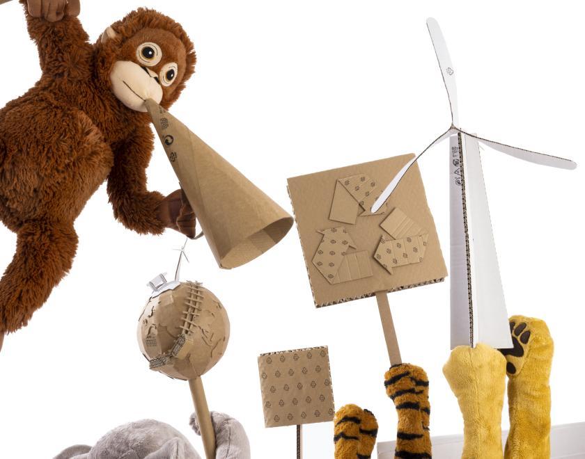 IKEA soft toy giving a speech on sustainability 