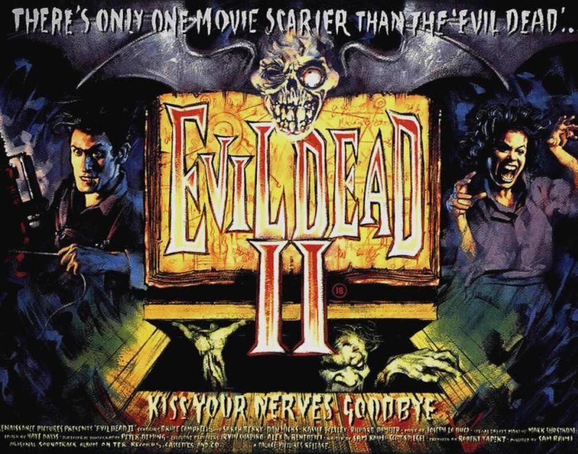 Evil Dead II UK Quad poster featuring the logo in gold and painted images of a man with a chainsaw for a hand and a woman possessed by demons