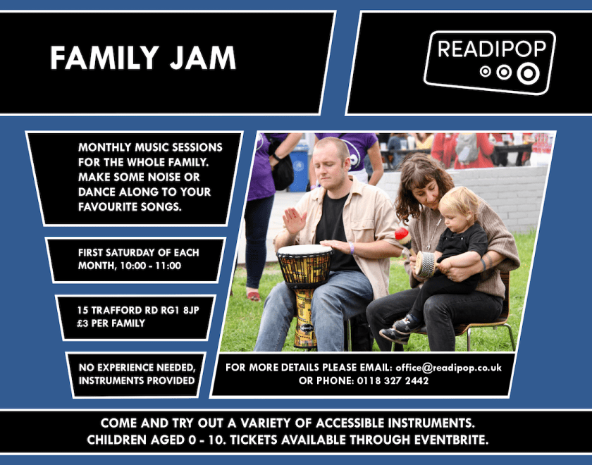 Image of family playing drums together - information as seen below