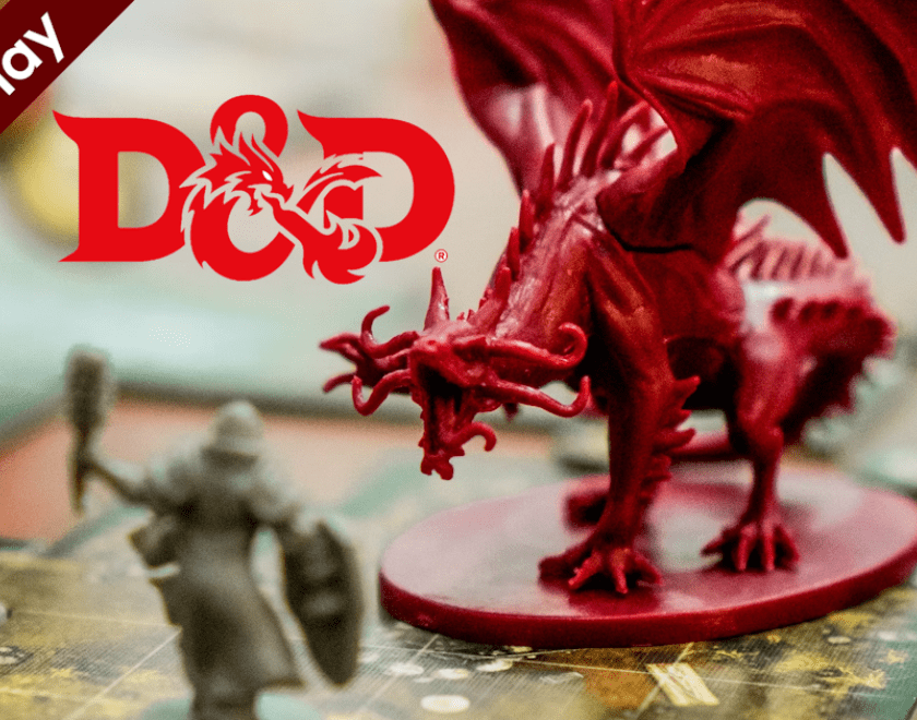 a background image of a tabletop miniature dragon and the D&D logo
