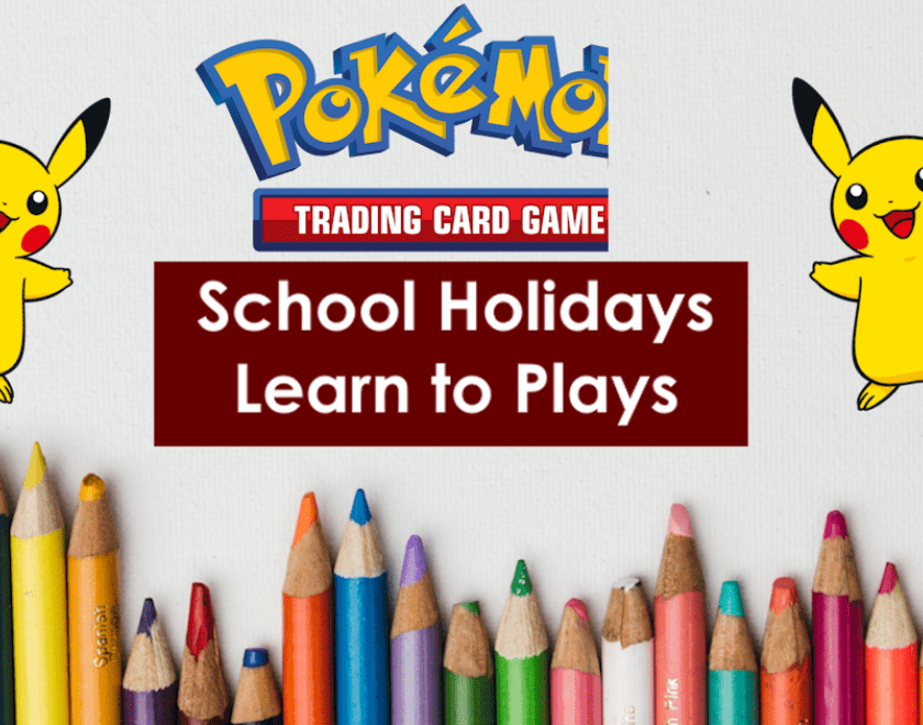 background image with pencils and the pokemon logo and text saying School Holidays Learn to Plays