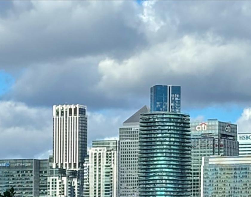 skyline of London's financial district at Canary Wharf