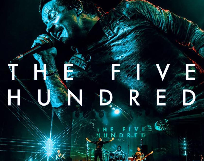 Event poster with a large phooto of the singer from The Five Hundred looming over a smaller photo of the band on stage