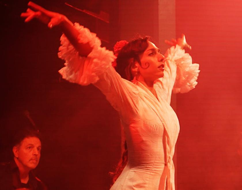 Female flamenco dancer on stage, bathed in red light