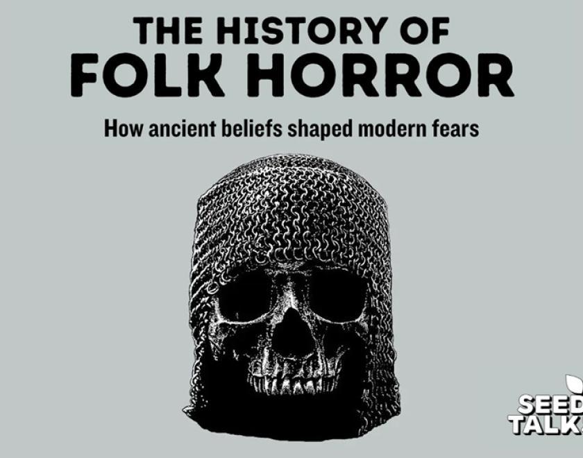 Event poster with an image of a skull wearing chainmail headgear