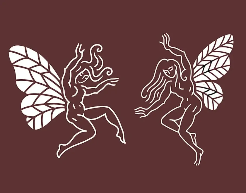 Artwork of fairies against a red-brown background