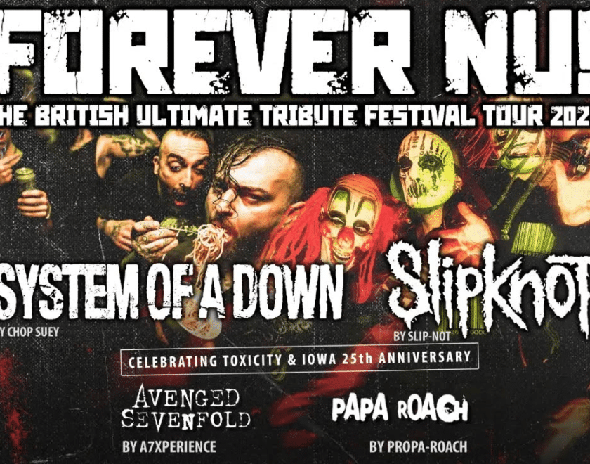 Poster with headshots of band members and band logos