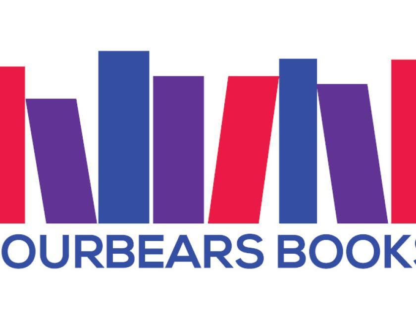 Fourbears Books Logo which is different coloured (Red, Blue and Purple) rectangular blocks (similar to books) leaning against each other with the 'Fourbears Books' text in Blue below the picture..